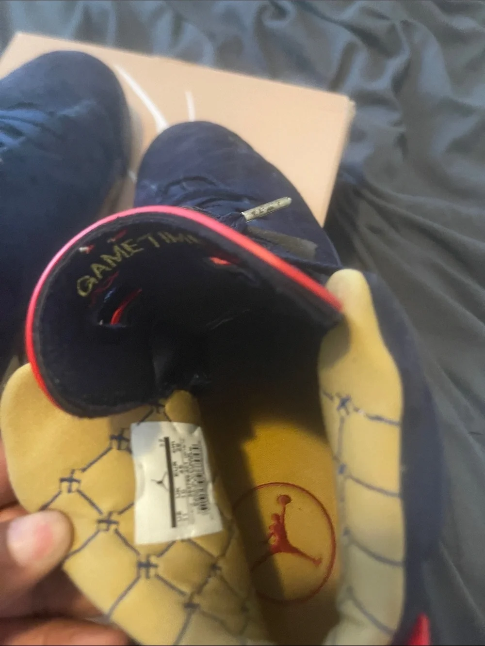 Jordan Men’s Athletic Shoes Navy Blue with Red and Gold Accents